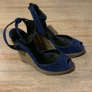 THEORY Espadrille Open Toe Ankle Cross Wrap Platform Wedges Suede Classic- Navy